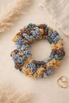 毛糸のシュシュ 青・黄・茶