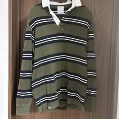 オリーブグリーン ストライプ 長袖ポロシャツ