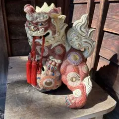九谷焼 八幡窯 赤獅子 玉乗り獅子 金彩 置物 35cm