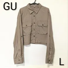 GU クロップドワークシャツ ブラウン L レディース 長袖シャツ ショート丈のサムネイル
