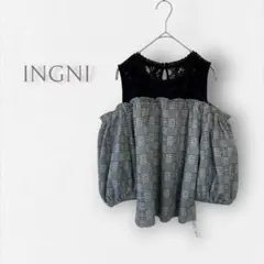 未使用【イング】半袖カットソー オフショル ボリューム袖 チェック柄 レース