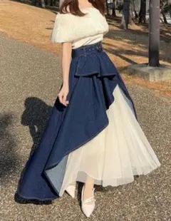デニムチュールアシンメトリースカート
