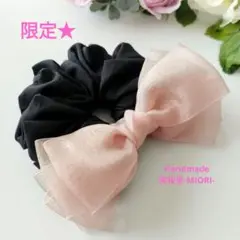 【ハンドメイド】オーガンジーリボンシュシュ（サーモンピンク）