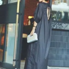 ラシュモン バックオープンワンピース 黒 マキシ丈 半袖 36 ロング ギャザーのサムネイル