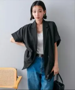 DISCOAT リネンライク半袖シャツジャケット チャコールグレーのサムネイル
