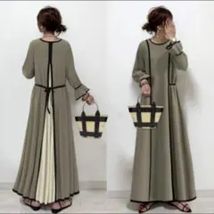 カーキ ロングワンピース ベルスリーブ 上品