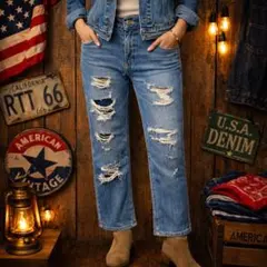 AZUL basic ダメージデニム S クラッシュ ストレート ジーンズ