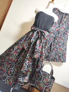 1754　大島紬リメイク☆ギャザースカート+ガウチョパンツ＆トートバッグストール