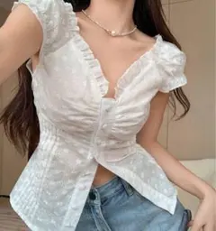 DAZY フリルトリムボタンアップパフスリーブブラウス