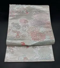 高級 正絹 袋帯 礼装 フォーマル 洒落帯　銀糸　花柄　流水　小鳥　404