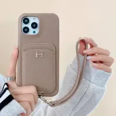 iPhone 14pro／14promaxケース　ストラップ付　カーキカード収納