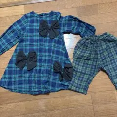 緑チェックワンピースとズボン 姉弟コーデ クリスマスコーデ