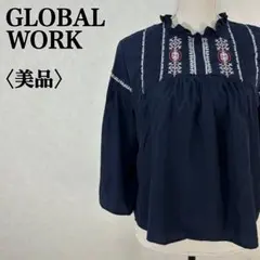 【美品】GLOBAL WORK 刺繍フリルネックブラウス ネイビー