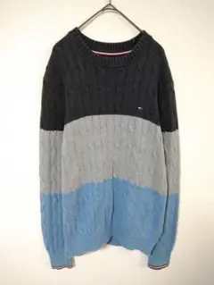 トミーヒルフィガー　ニットセーター　メンズM　黒　グレー　青　綿100％