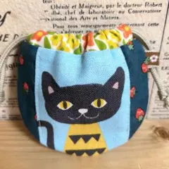 ハンドメイド まるいミニ巾着 (ネコ ブルー レトロな花柄) - メルカリ