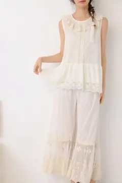 裾パンツ綿コットンレースロング丈アイボリー