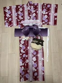 浴衣 帯セット 濃赤 紫 花柄 収納ケース付き 綿100%