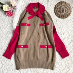 本物 シャネル 配色切替 装飾 カシミヤ100% 長袖 ニット セーター 36 