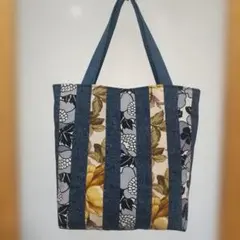 手作り・デニム✕花柄ストライプパッチワークトートバッグ
