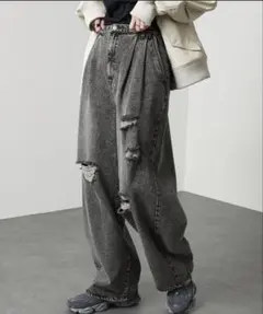 ダメージ加工 グレー ワイドデニムパンツ