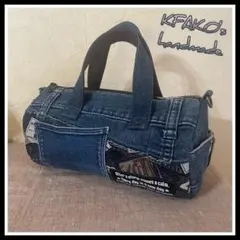 ビンテージ柄帆布☆ミニドラムバッグ/デニムリメイクバッグ/2way/デニムトート