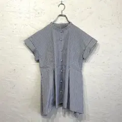 【PLST】パールボタンペプラムシャツ　ストライプ柄半袖ブラウス　Mのサムネイル
