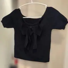 GRL リボン付きブラックニット半袖トップス　M
