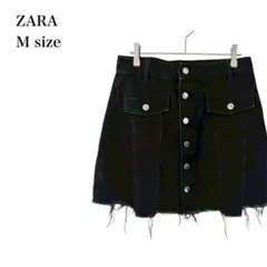 ザラ/デニムミニスカート/フロントボタン/カットオフ/M/ブラック/台形/韓国風