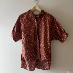 ブラウン 水玉模様 半袖シャツ リボン付き