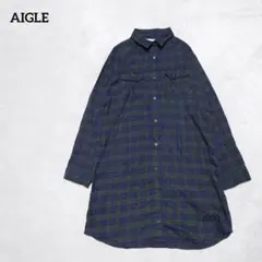 B3-2893　ロングシャツ　長袖　チェック柄　カジュアル　S 【エーグル】