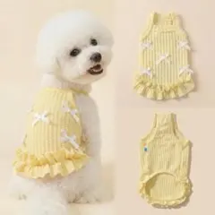 新品犬服 Sサイズ リボン＆フリル ワンピース イエロー ワッフル生地 ペット服
