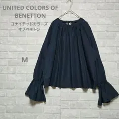 ベネトン ベルスリーブ ブラウス ネイビー Mサイズ 袖フレアのサムネイル
