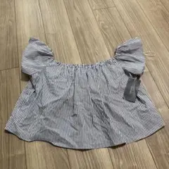 ZARA BASIC 半袖　ストライプ オフショルダー トップス Lのサムネイル