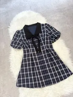 【美品状態】チェック柄 ウエスト タックリボン ミニワンピース L