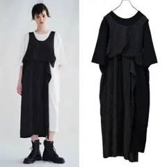 Y's ワイズ 美品 25SSストライプ コンビ ハーフスリーブ ワンピース 2のサムネイル