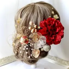 和装髪飾り 赤いダリアとメタルフラワーの髪飾り 結婚式 卒業式 成人式