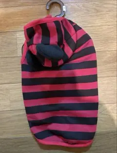 【未使用】犬服　フード付き赤黒ストライプ　Lサイズ