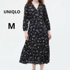 美品 UNIQLO M ブラック Vネック フレアワンピース　7分袖　花柄