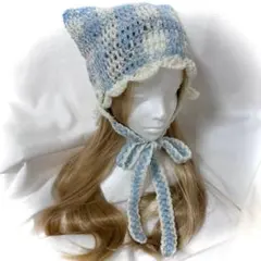 ✩猫耳ニット帽✩チェック 水色白 かぎ針[029]
