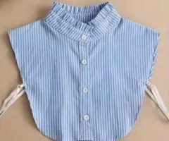 つけ襟　フリル　スタンドカラー　ブルーストライプ