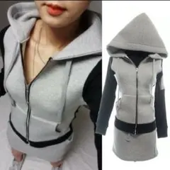 グレー♡上下２点セットアップ配色リブスウェットパーカー＆ミニスカート