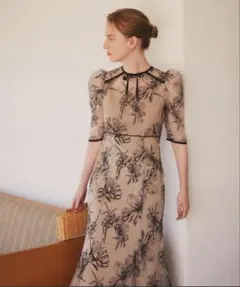 【Leja】花柄リボンパフスリーブマーメイドワンピースドレス