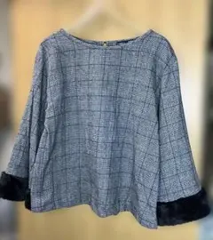 グレー系チェック 五分袖シャツ ファー付き