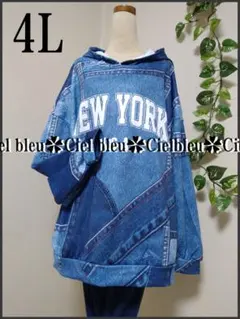 4L 春*デニムプリント柄プル胸元ロコオーバーパーカー*大きいサイズ*