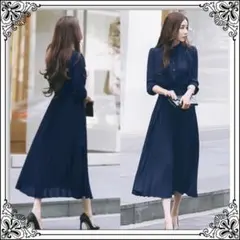 ロングワンピース プリーツ ワンピース マキシ丈 シフォン ドレス 紺ネイビーM