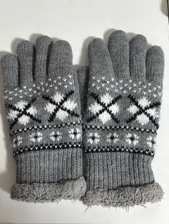 グレー ノルディック柄 裏起毛 手袋 ニットグローブ
