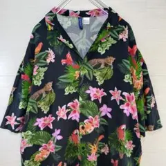 H＆M　エイチアンドエム　アロハシャツ ボタニカル　トラ　鳥　レーヨン　ブラックのサムネイル