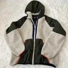 ZARA ボアフリースジャケット 切替 フード付 カーキ L ボアブルゾン