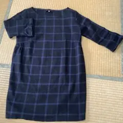 ディノス　イタリア製　チェック柄ワンピース (チュニック)黒x明るい紺　(M)