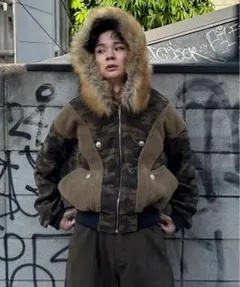 アジャスタブルフェイクファーカモフラショートフーディー　yolo pctokyo